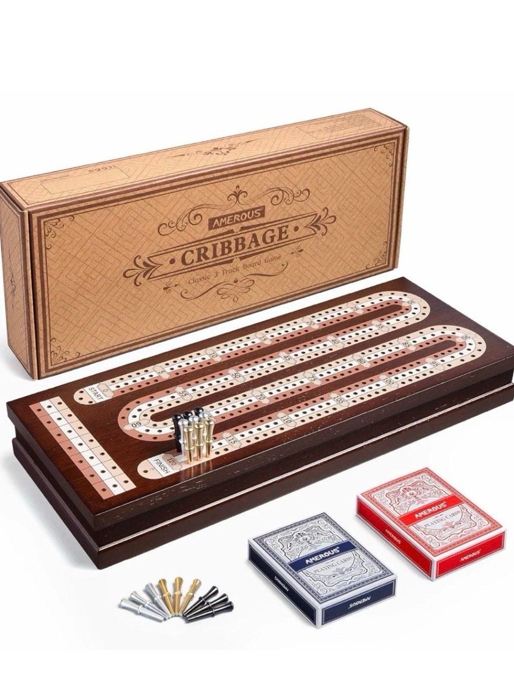 Amercous Classic Cribbage Board Game - Dark Brown